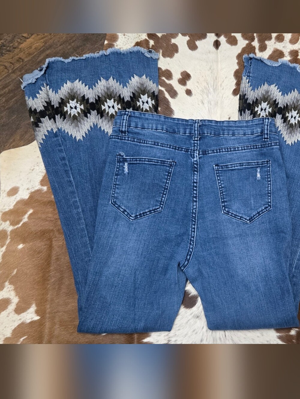 Crazy Train Blue Flare Jeans with Aztec Embroidered Raw Hem - Picture 4 of 7